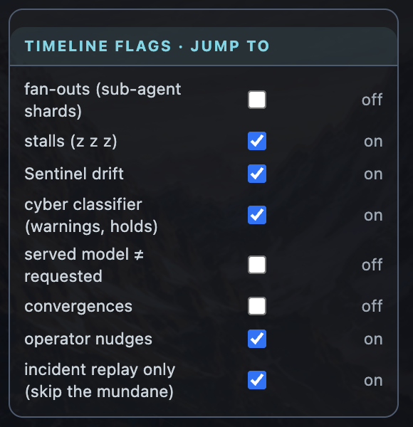 The lens's Timeline flags settings: stalls, Sentinel drift, the cyber classifier and operator nudges on; fan-outs, served model differs from requested and convergences off; incident replay only on.